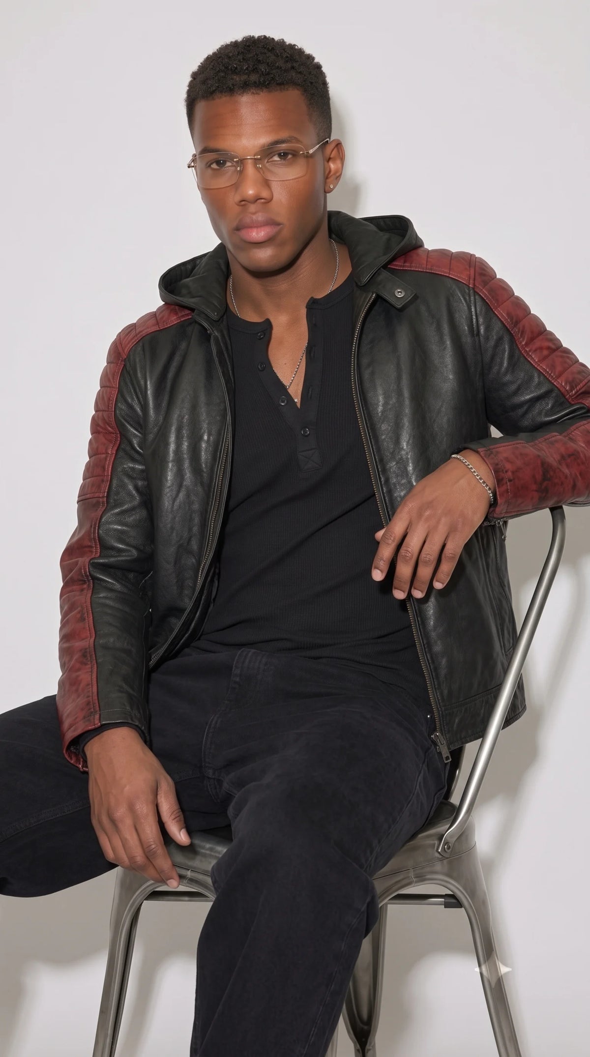 PREMIUM DARK BLACK AND RED QUILTED LEATHER JACKET WITH HOOD