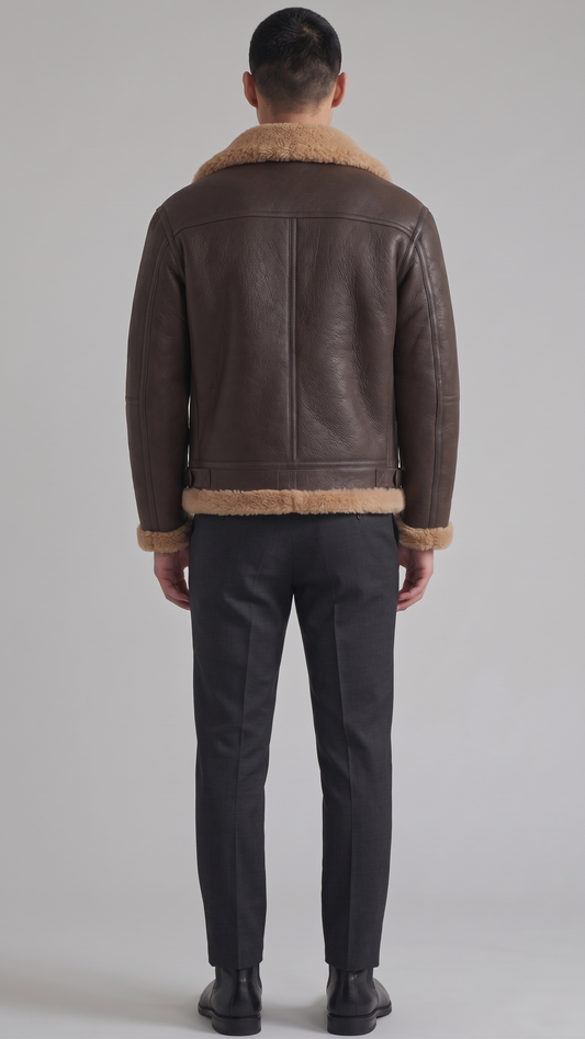 DARK BROWN LEATHER AVIATOR JACKET WITH TAN SHEARLING