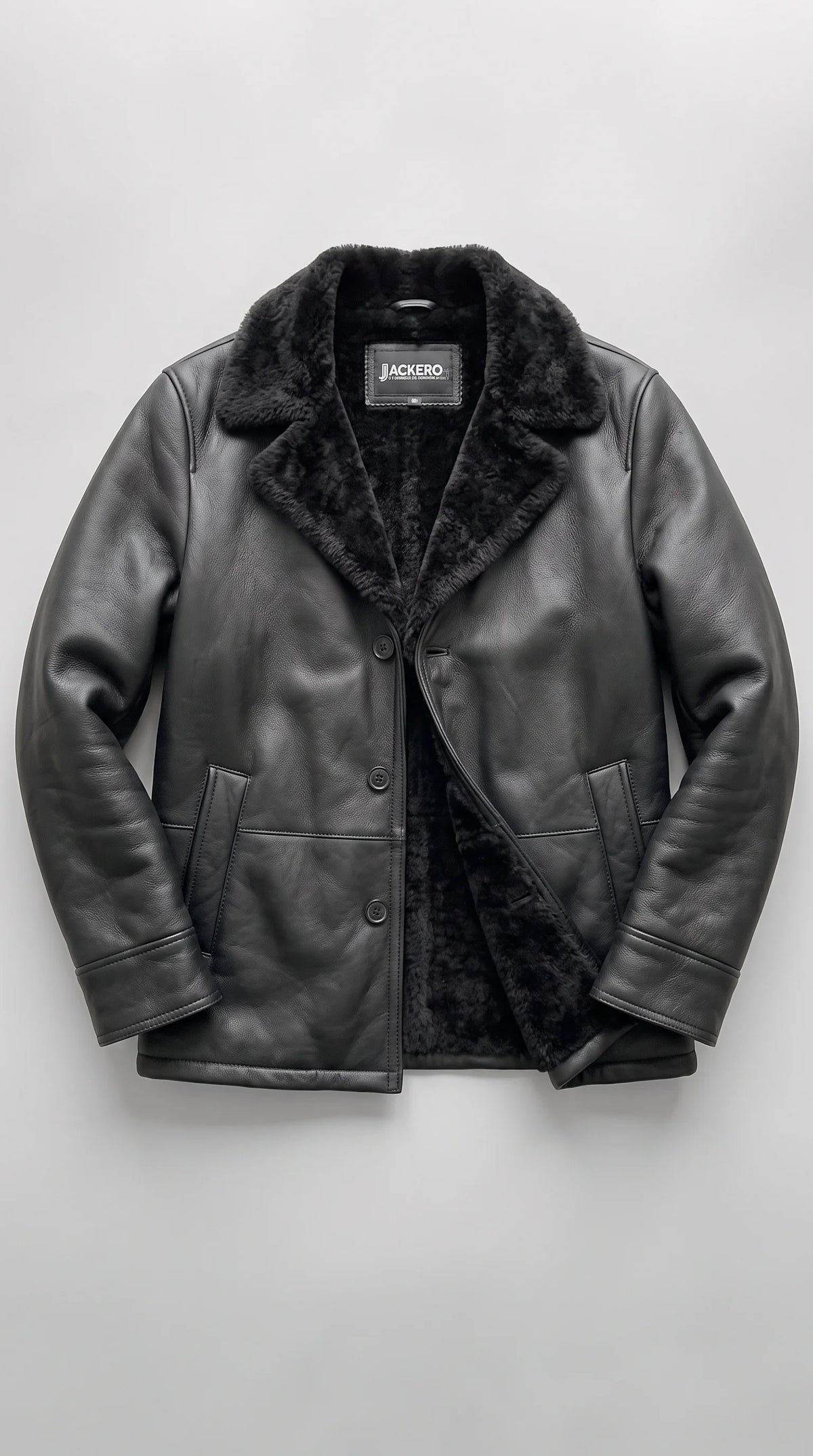 BLACK LEATHER PEACOAT WITH BLACK SHEARLING