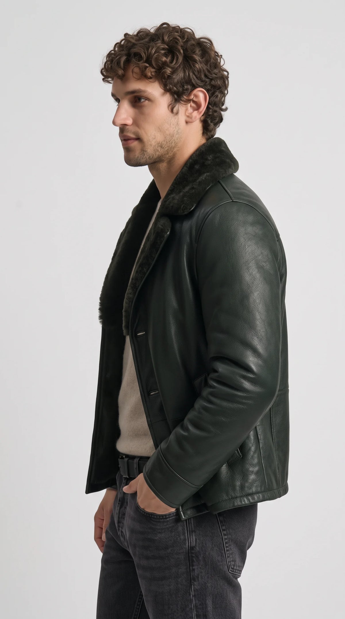 BLACK LEATHER PEACOAT WITH BLACK SHEARLING