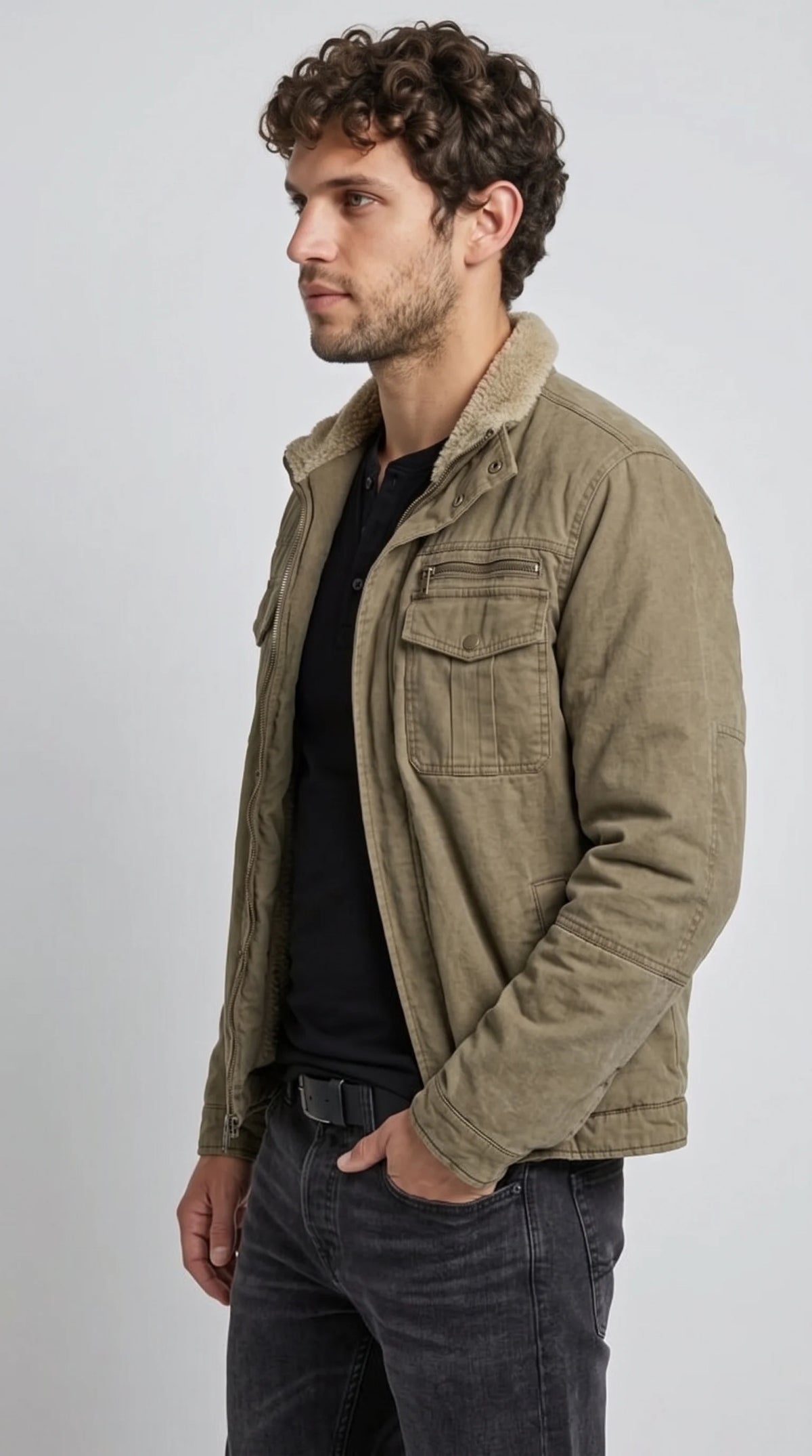 OLIVE COTTON SHEARLING JACKET