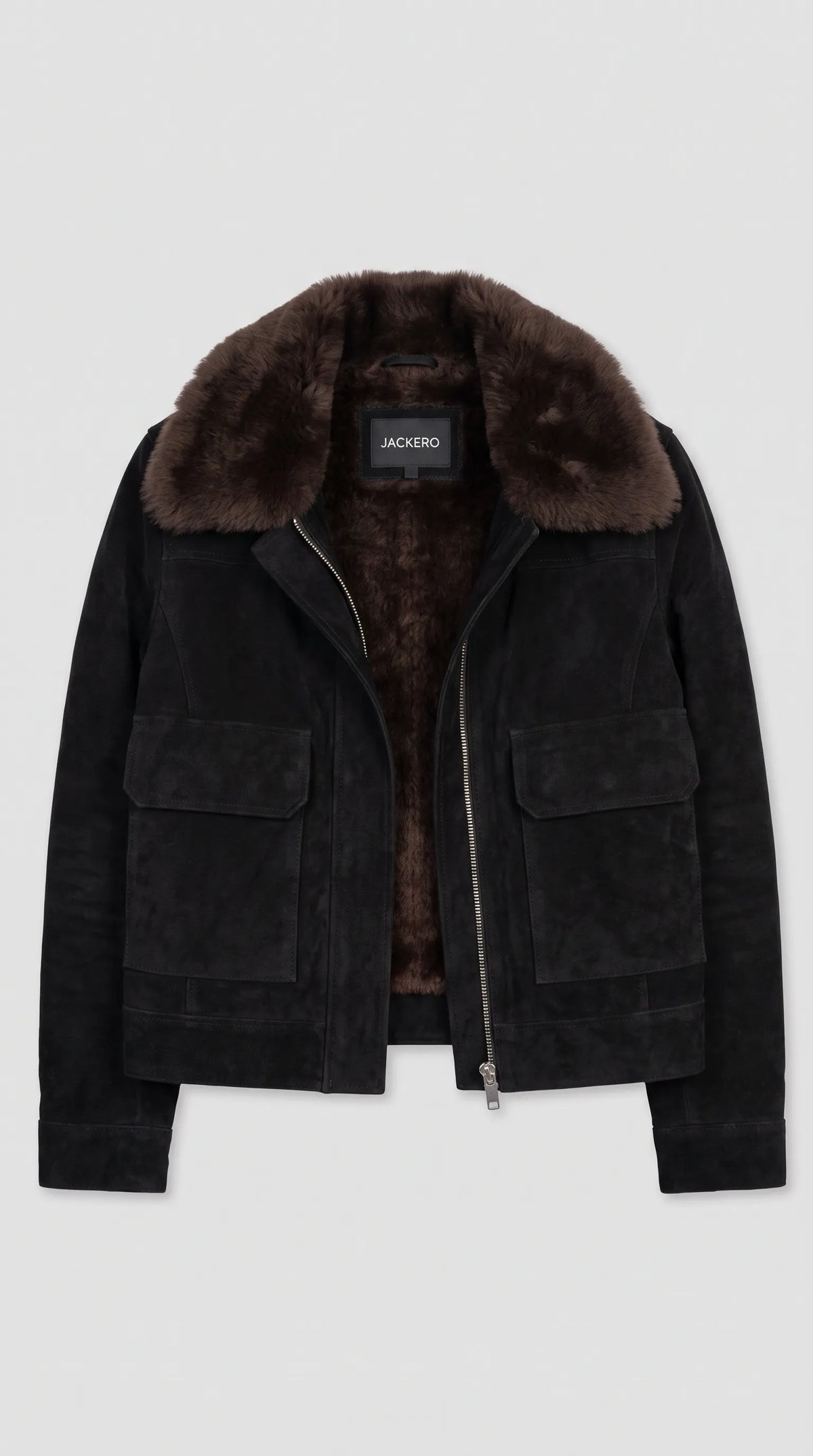 DARK BLACK SUEDE JACKET WITH DARK CHOCOLATE SHEARLING