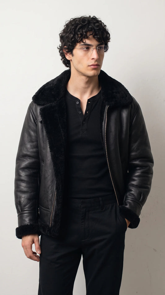 DARK BLACK LEATHER JACKET WITH SHEARLING