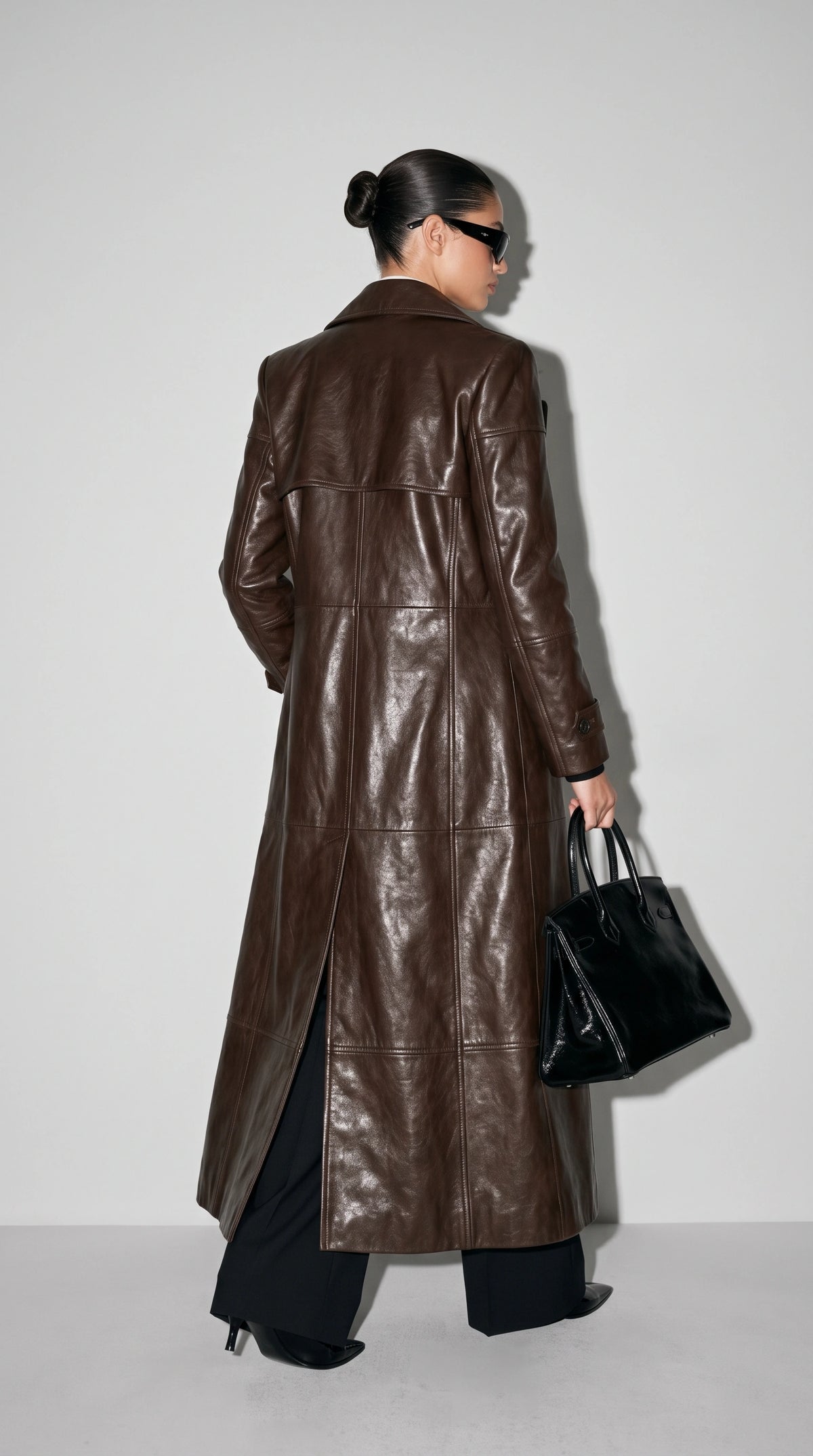 DARK CHOCOLATE BROWN LONG LEATHER TRENCH COAT