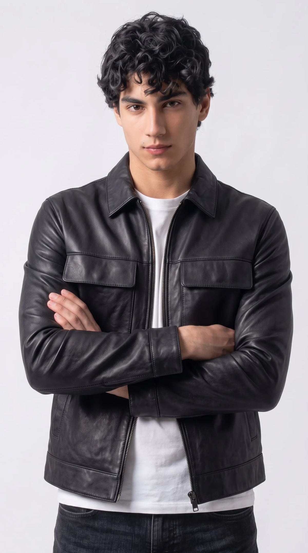 DARK BLACK LEATHER BOMBER JACKET