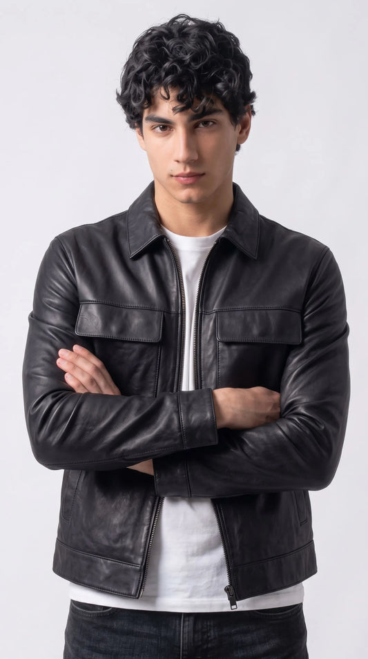 DARK BLACK LEATHER BOMBER JACKET