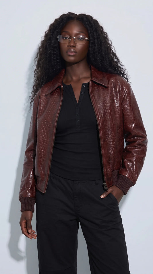 DARK RED VINE CROCODILE LEATHER JACKET
