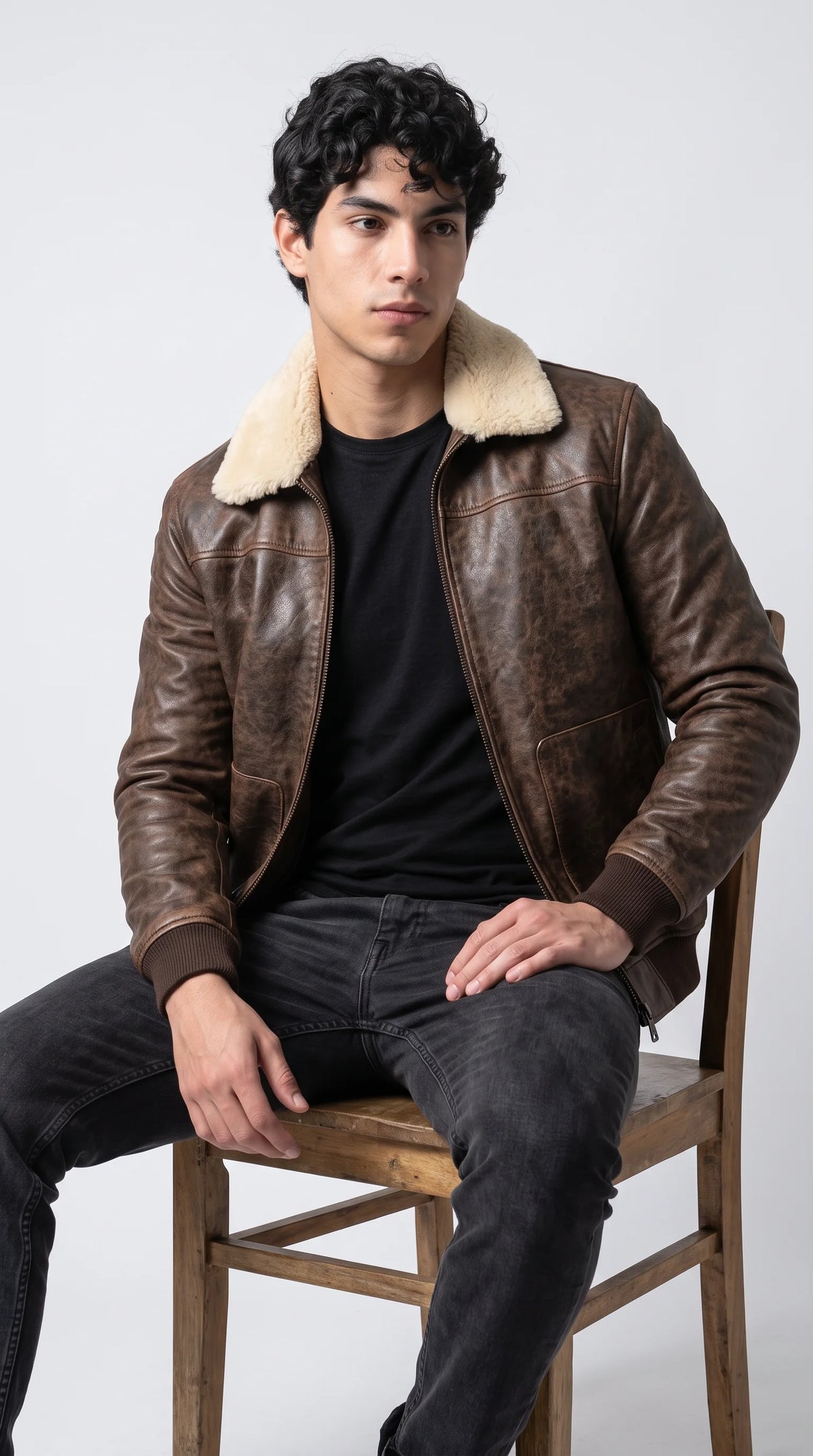 DARK BROWN DISTRESSED LEATHER BOMBER JACKET WITH CREAM SHEARLING