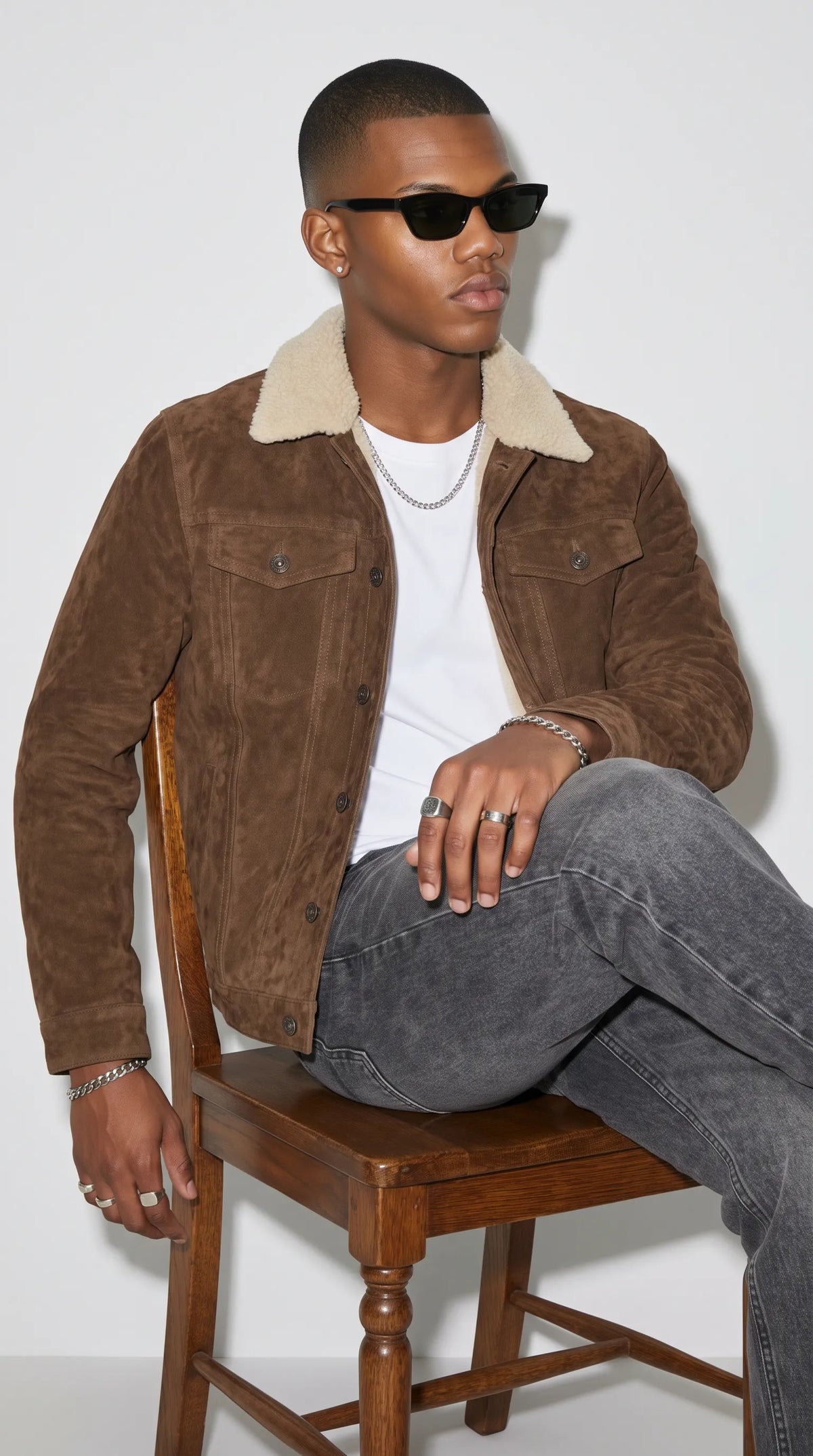 DARK CHOCOLATE BROWN SUEDE TRUCKER JACKET WITH CREAM SHEARLING
