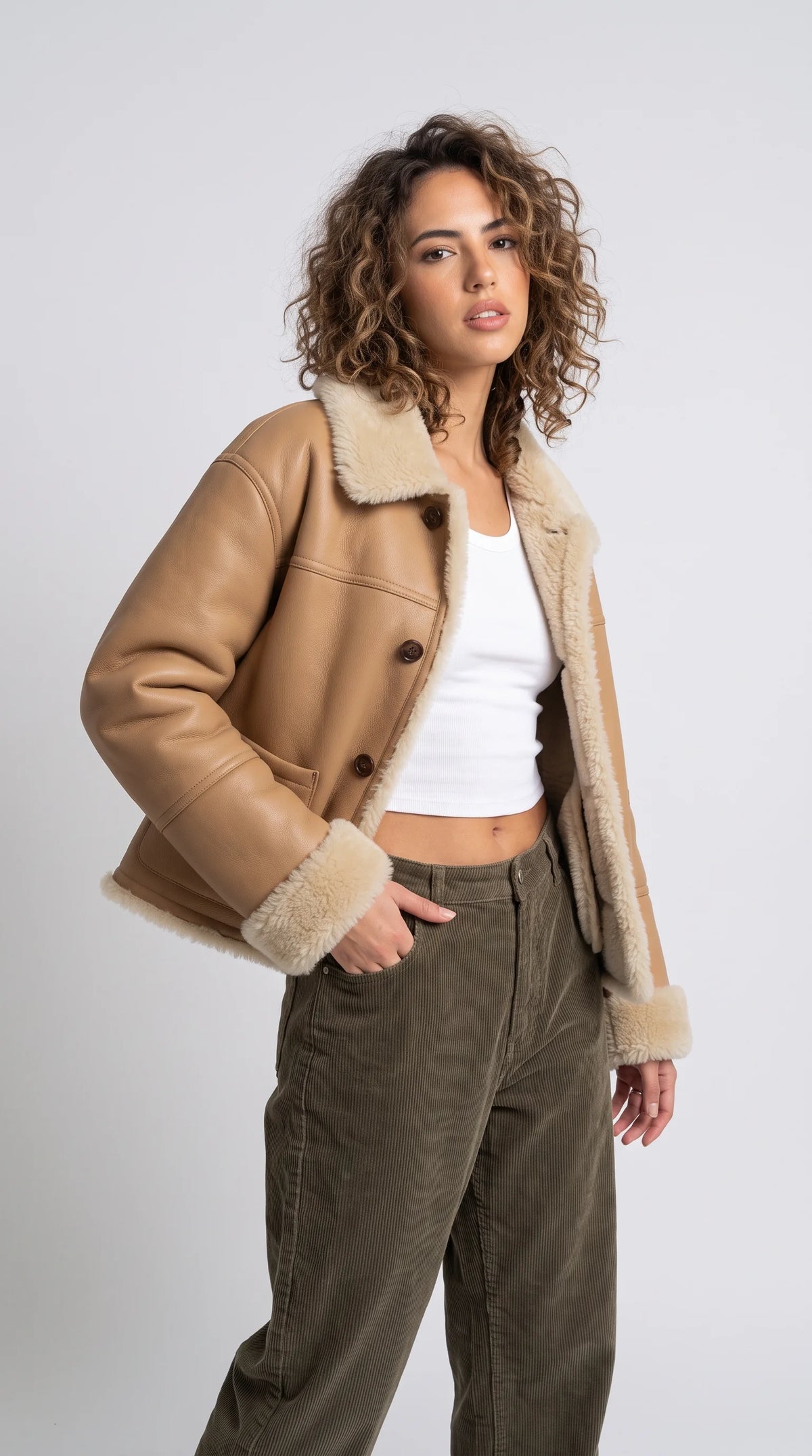 BEIGE LEATHER JACKET WITH CREAM SHEARLING