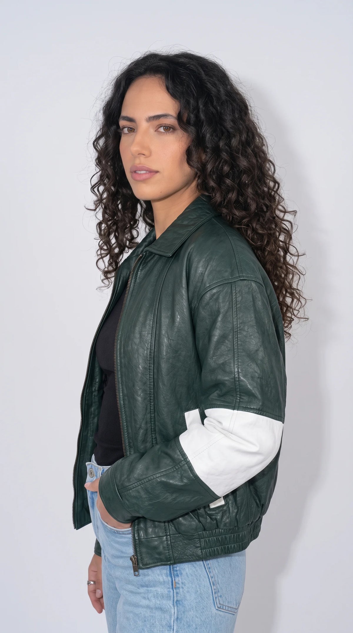 DARK GREEN WITH WHITE STRIPED OVERSIZED LEATHER JACKET