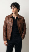 DARK TAN BROWN DISTRESSED LEATHER JACKET