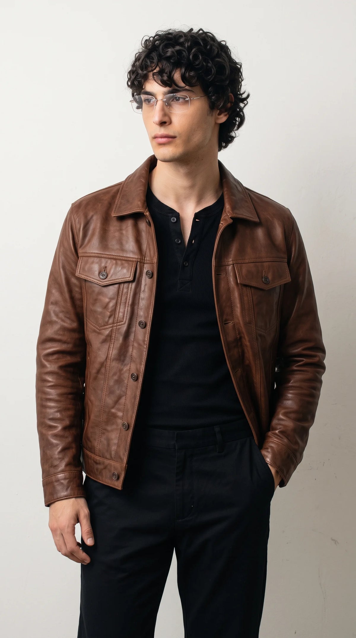 DARK TAN BROWN DISTRESSED LEATHER JACKET