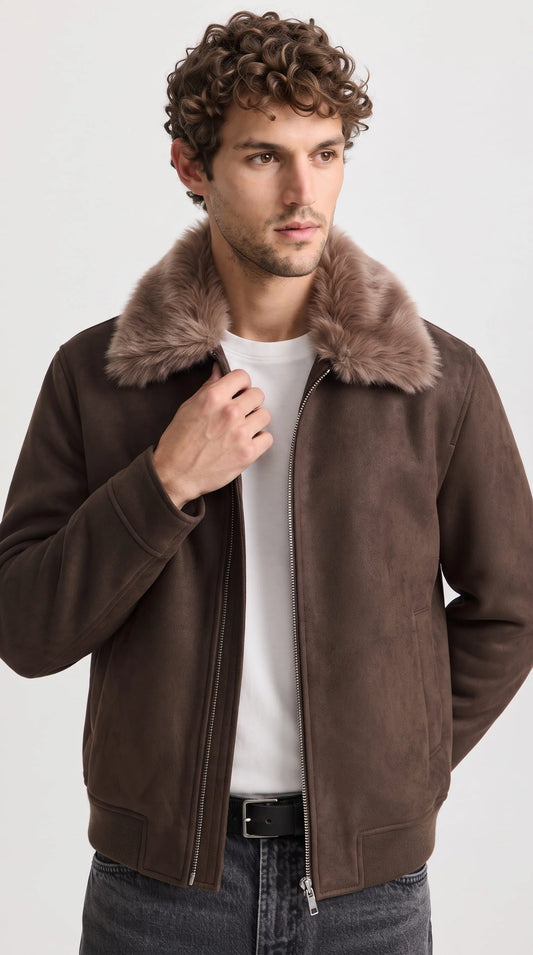 DARK BROWN JACKET WITH SHEARLING COLLAR