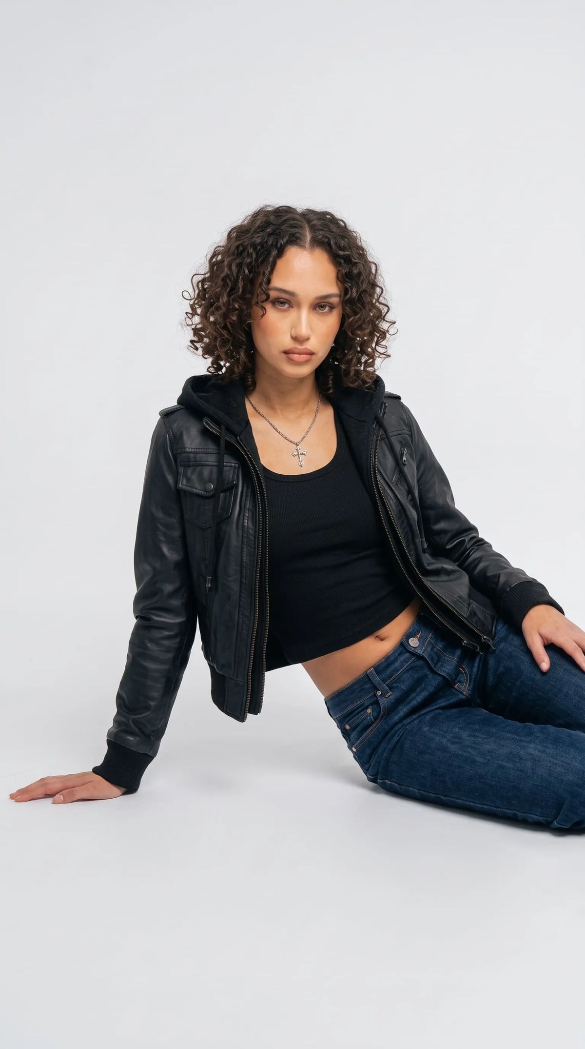 BLACK LEATHER HOODED YK2 BOMBER JACKET