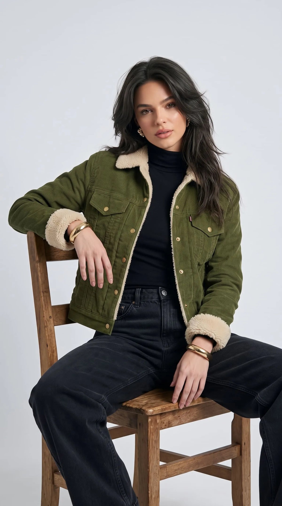 OLIVE SUEDE DENIM JACKET WITH OFF-WHITE FAUX SHEARLING