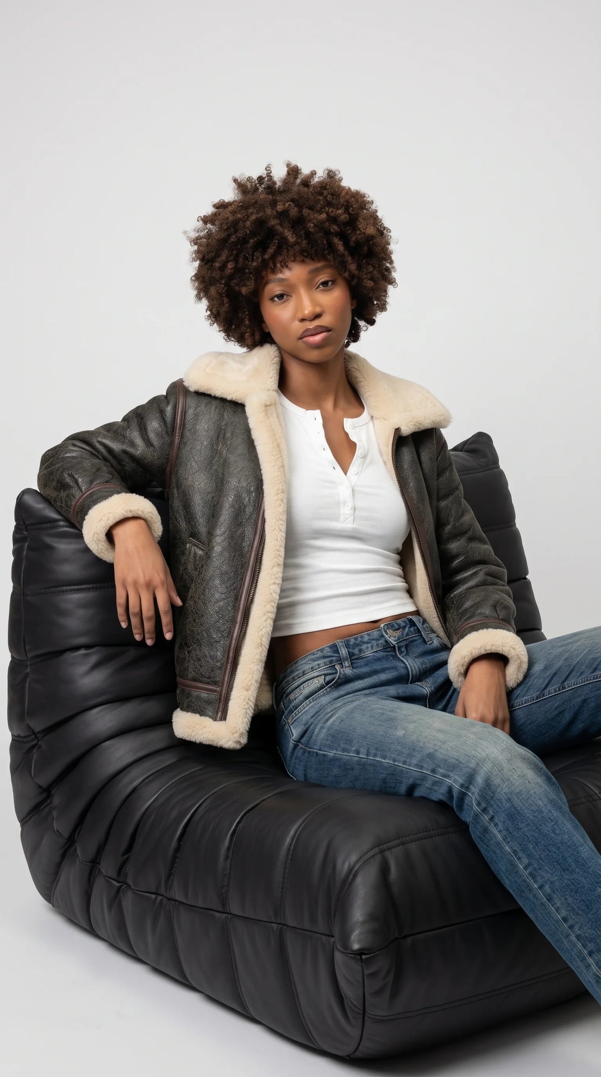 PREMIUM BLACK LEATHER AVIATOR FLIGHT JACKET WITH FAUX CREAM SHEARLING