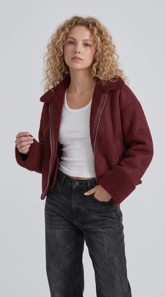 DARK MAROON SUEDE AVIATOR JACKET WITH SHEARLING
