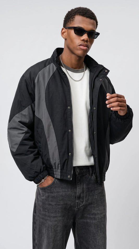 BLACK AND DARK GREY NYLON Y2K OVERSIZED JACKET