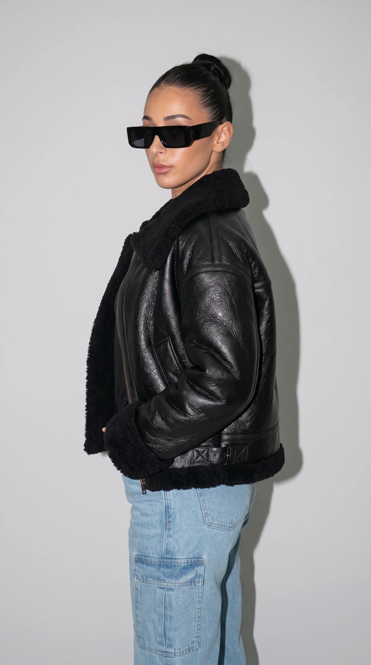 BLACK LEATHER AVIATOR FLIGHT JACKET WITH FAUX SHEARLING