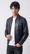 DARK BLUE LEATHER BOMBER JACKET
