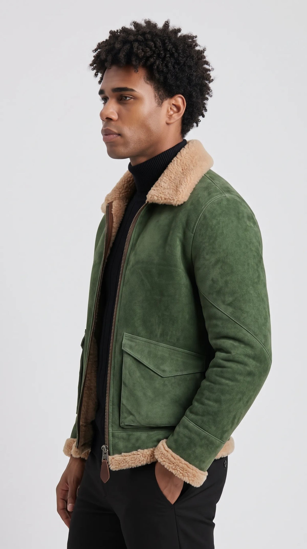 OLIVE GREEN SUEDE AVIATOR JACKET WITH CREAM SHEARLING