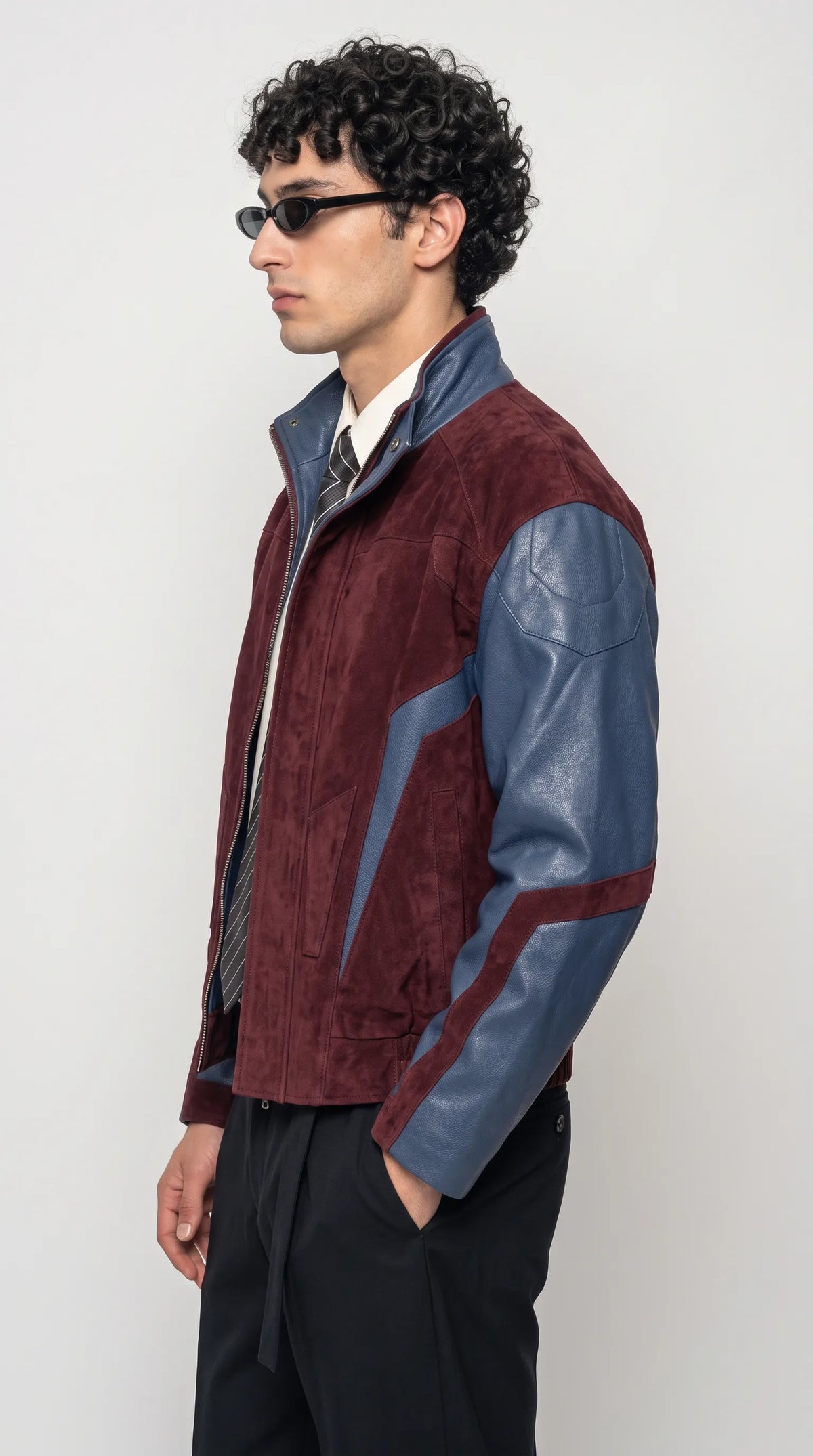 DARK RED SUEDE AND DARK BLUE LEATHER OVERSIZED JACKET