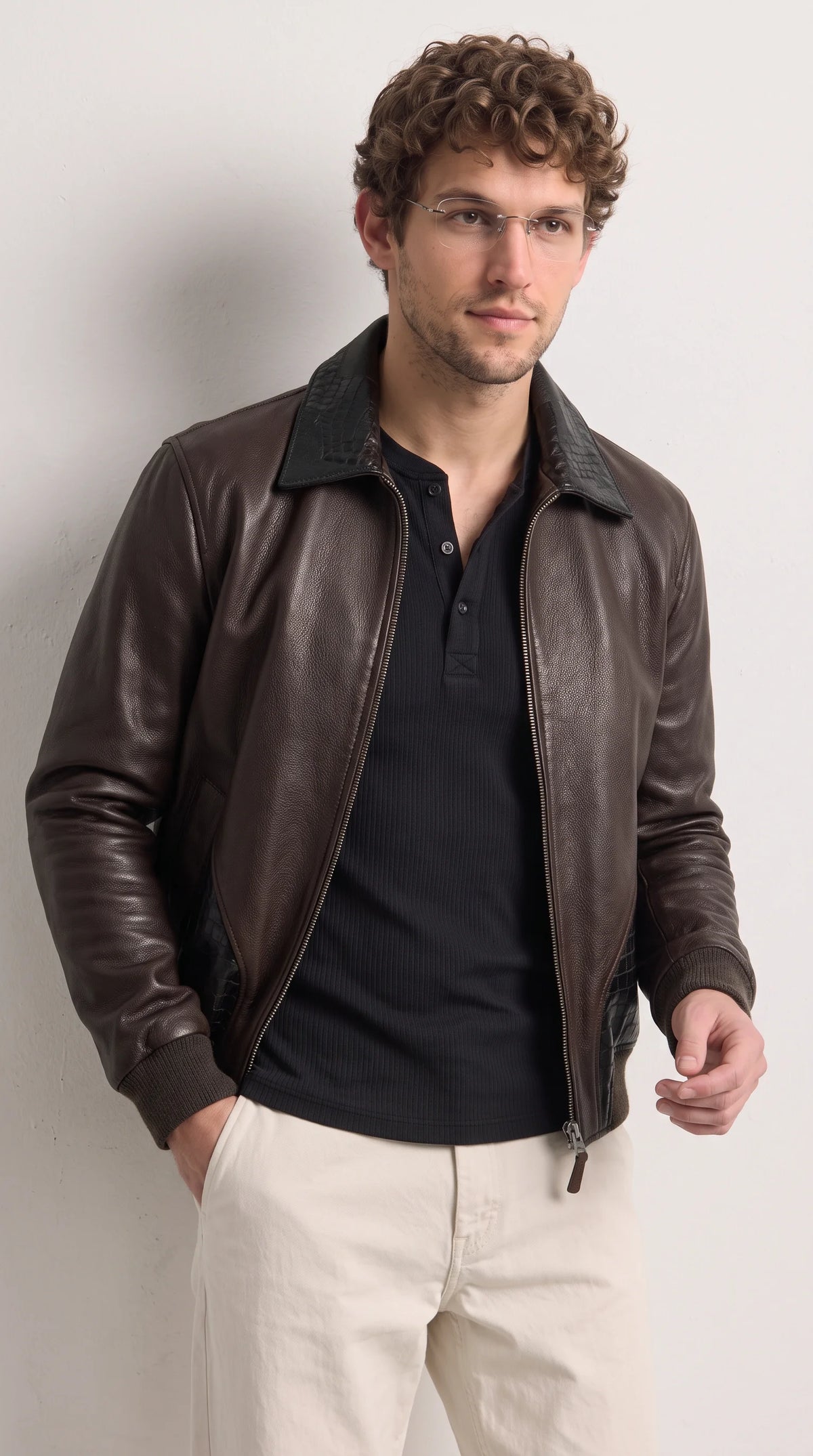 DARK BROWN LEATHER AND BLACK CROCODILE LEATHER JACKET