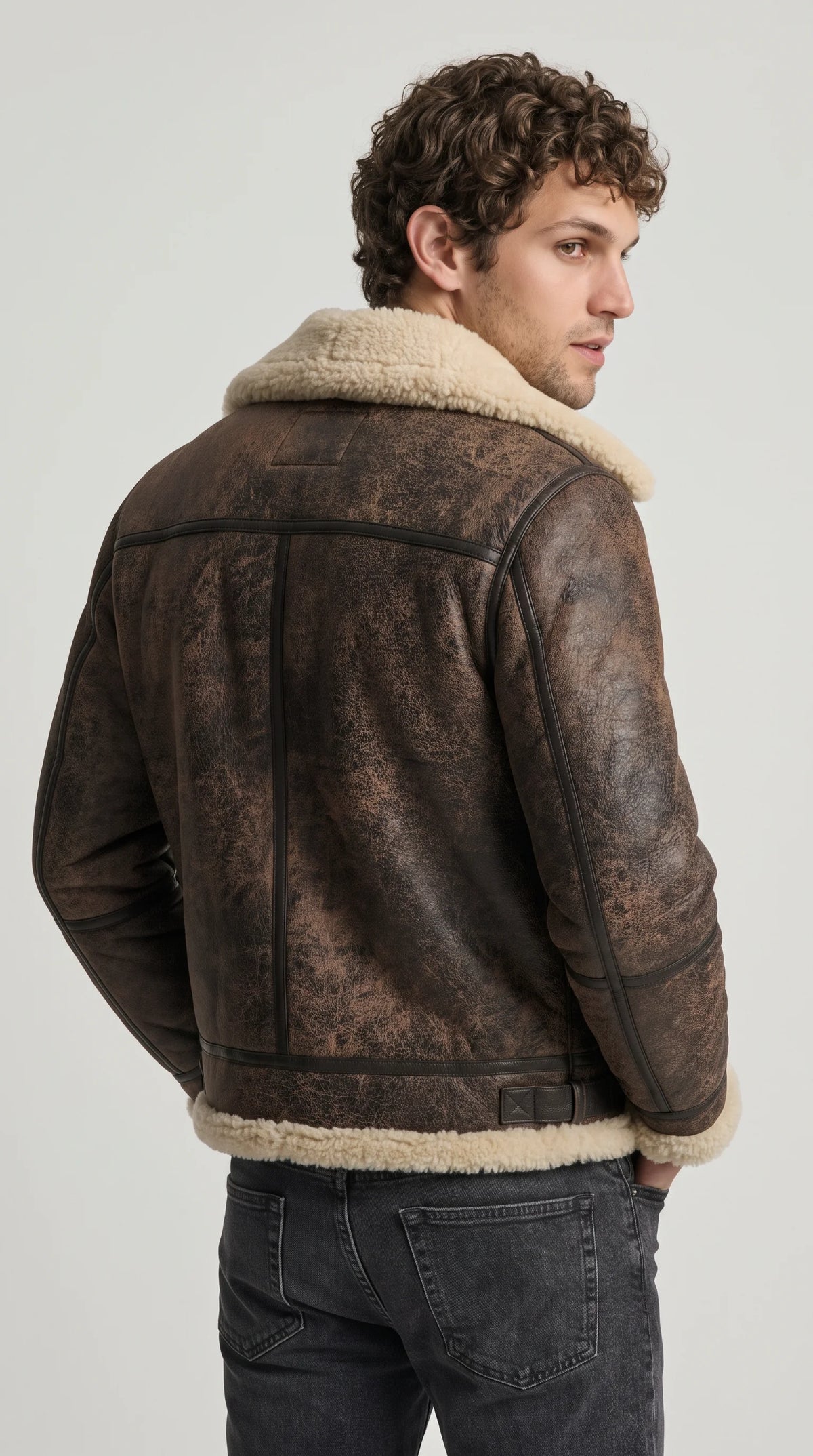 DARK BROWN DISTRESSED AVIATOR JACKET WITH CREAM SHEARLING
