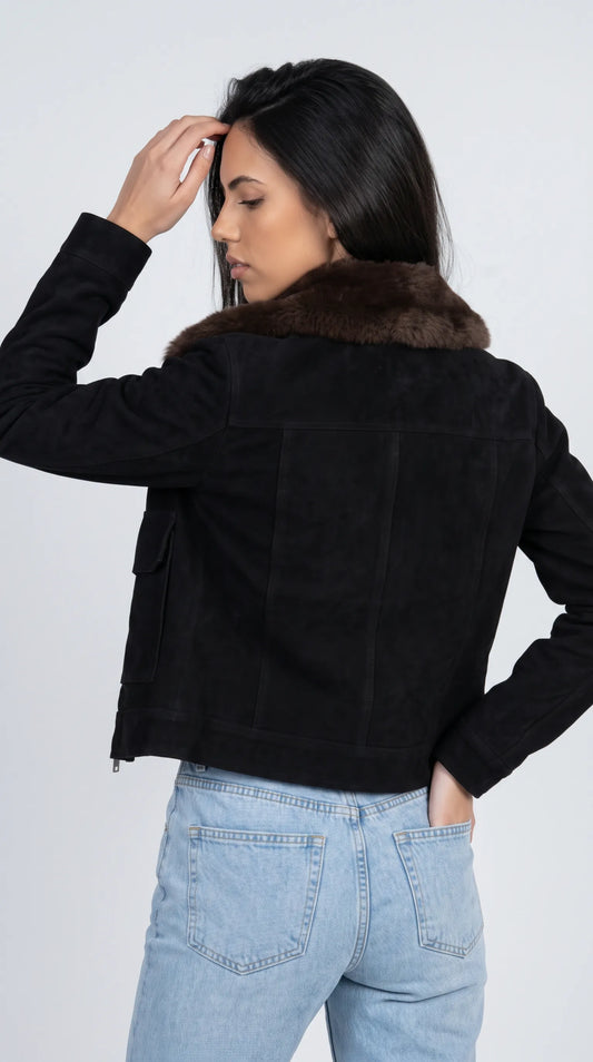 DARK BLACK SUEDE JACKET WITH DARK CHOCOLATE SHEARLING