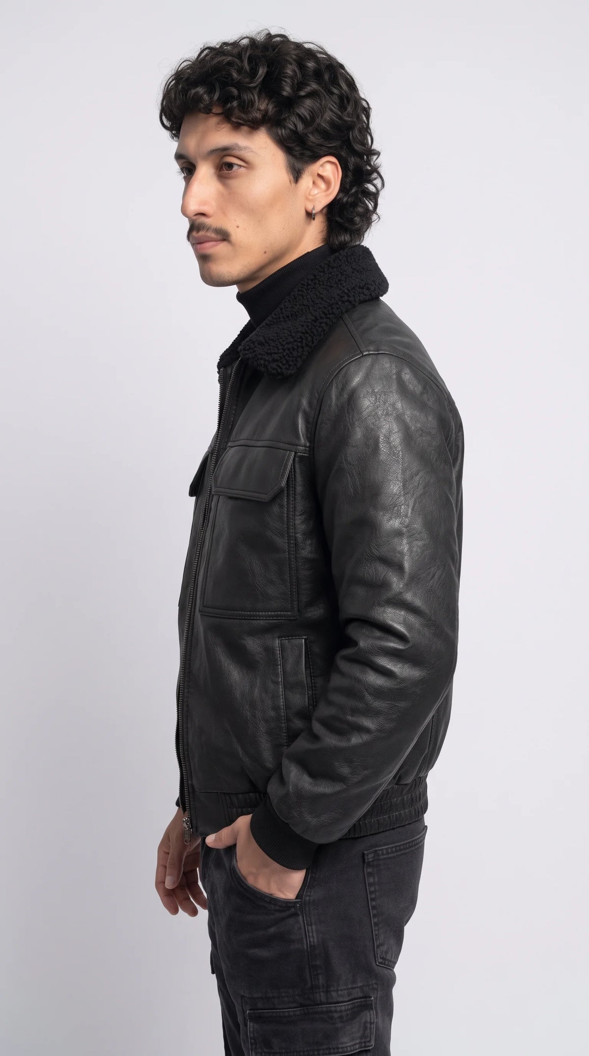 BLACK LEATHER JACKET WITH BLACK SHEARLING