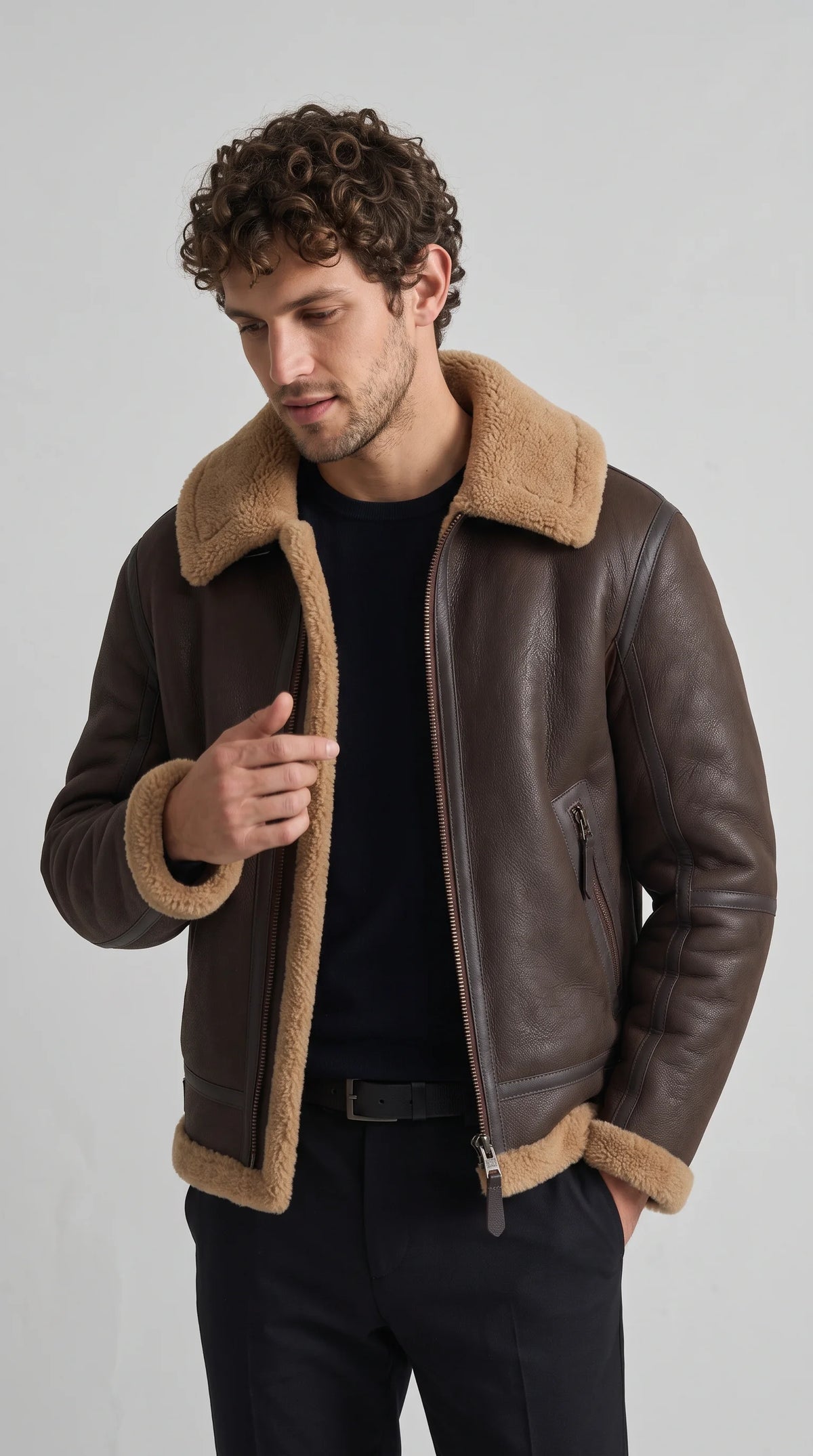 DARK BROWN LEATHER AVIATOR JACKET WITH TAN SHEARLING