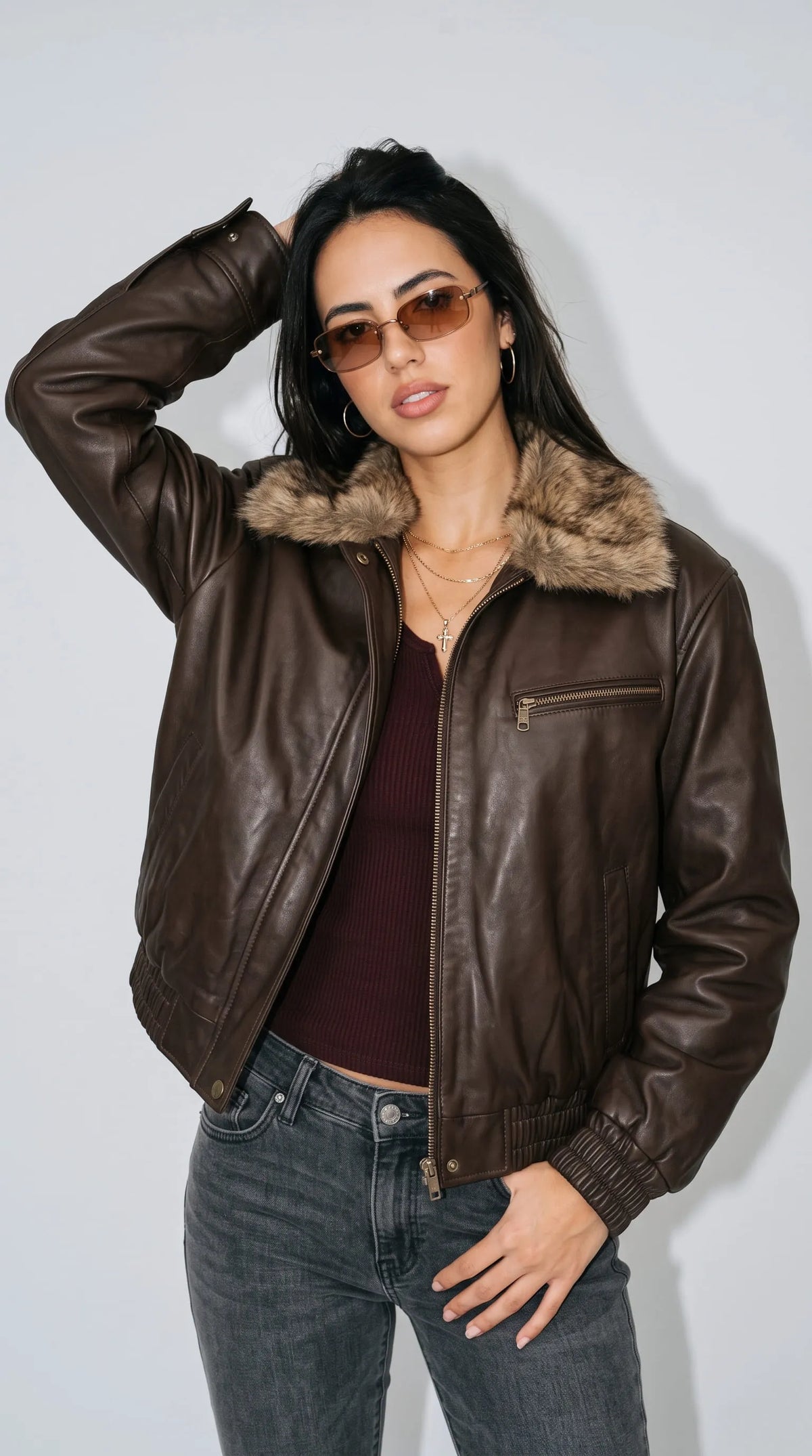 DARK BROWN DISTRESSED LEATHER BAGGY OVERSIZED JACKET WITH FUR