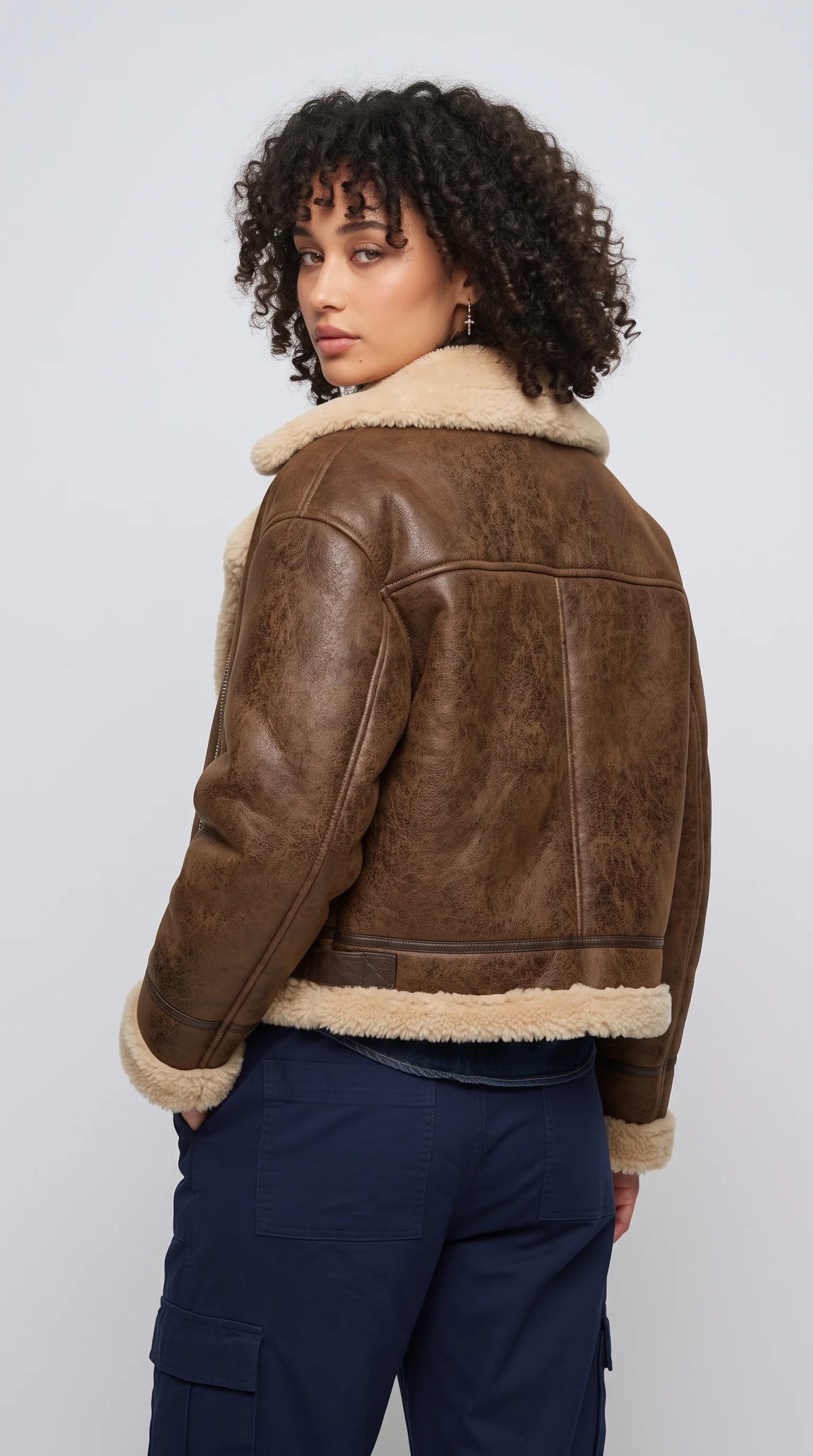 BROWN LEATHER CROPPED AVIATOR FLIGHT JACKET WITH CREAM SHEARLING