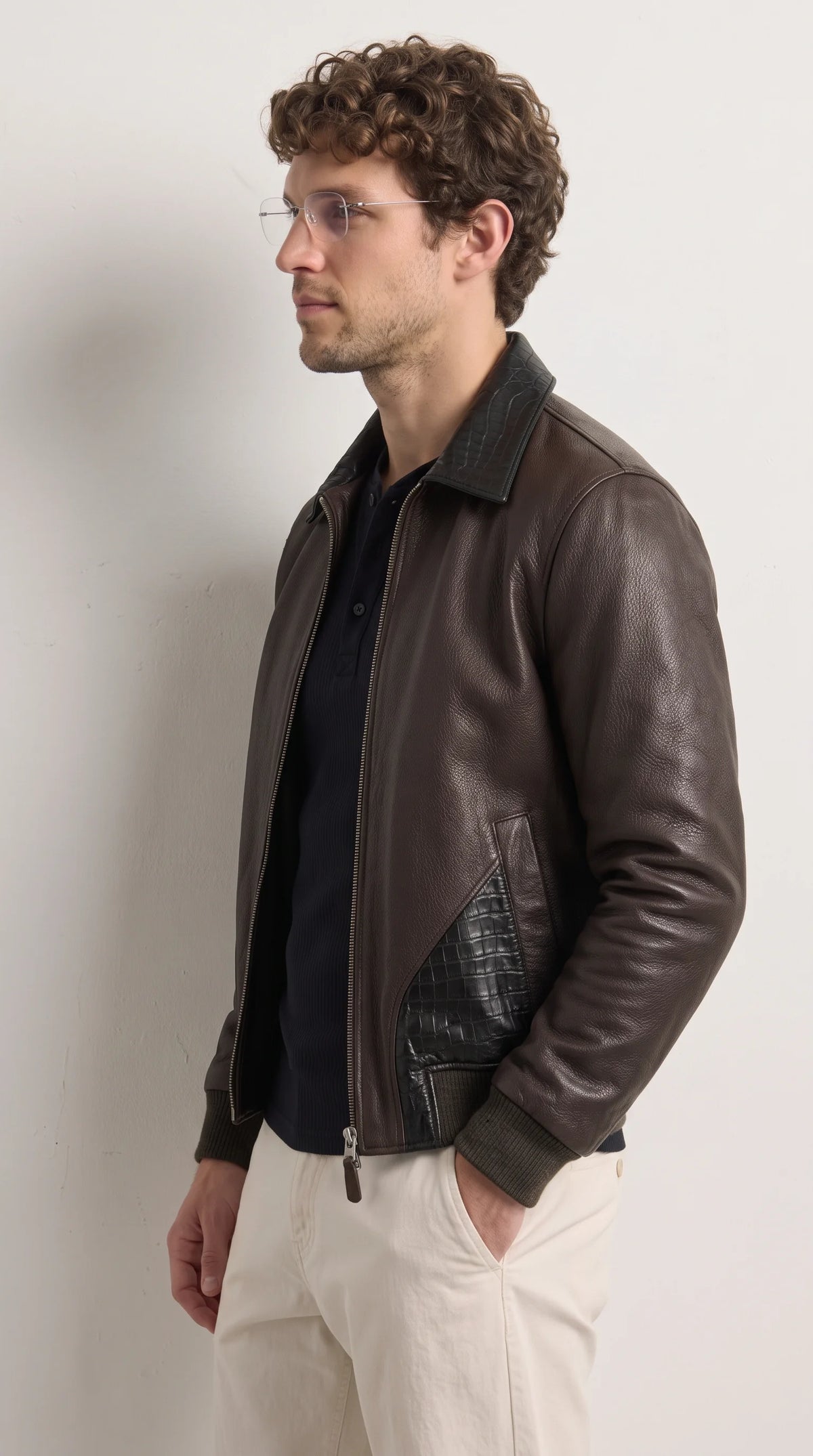 DARK BROWN LEATHER AND BLACK CROCODILE LEATHER JACKET