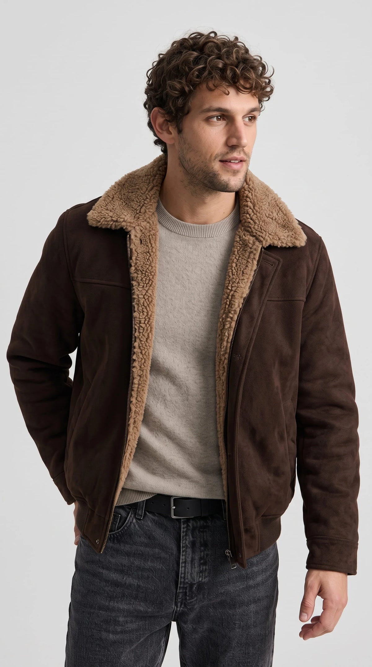 DARK BROWN SUEDE JACKET WITH BROWN SHEARLING