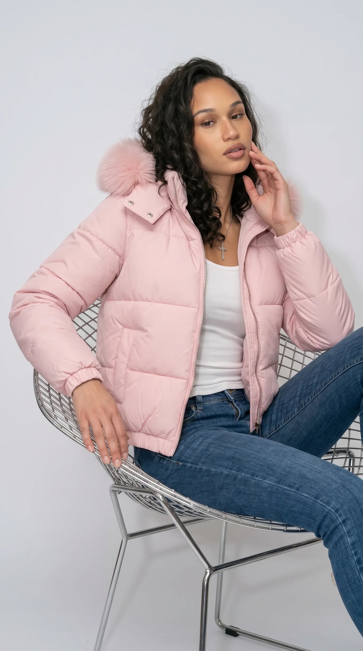 BABY PINK PUFFER JACKET WITH FUR  HOOD