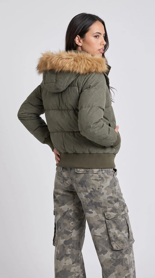 OLIVE PUFFER OVERSIZE JACKET WITH FUR