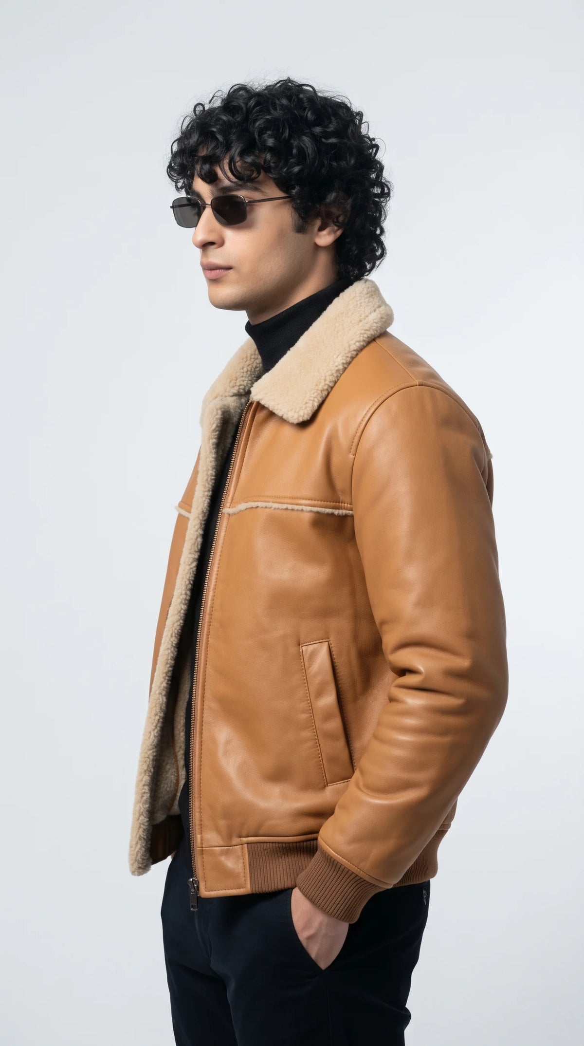 LIGHT TAN LEATHER JACKET WITH CREAM SHEARLING