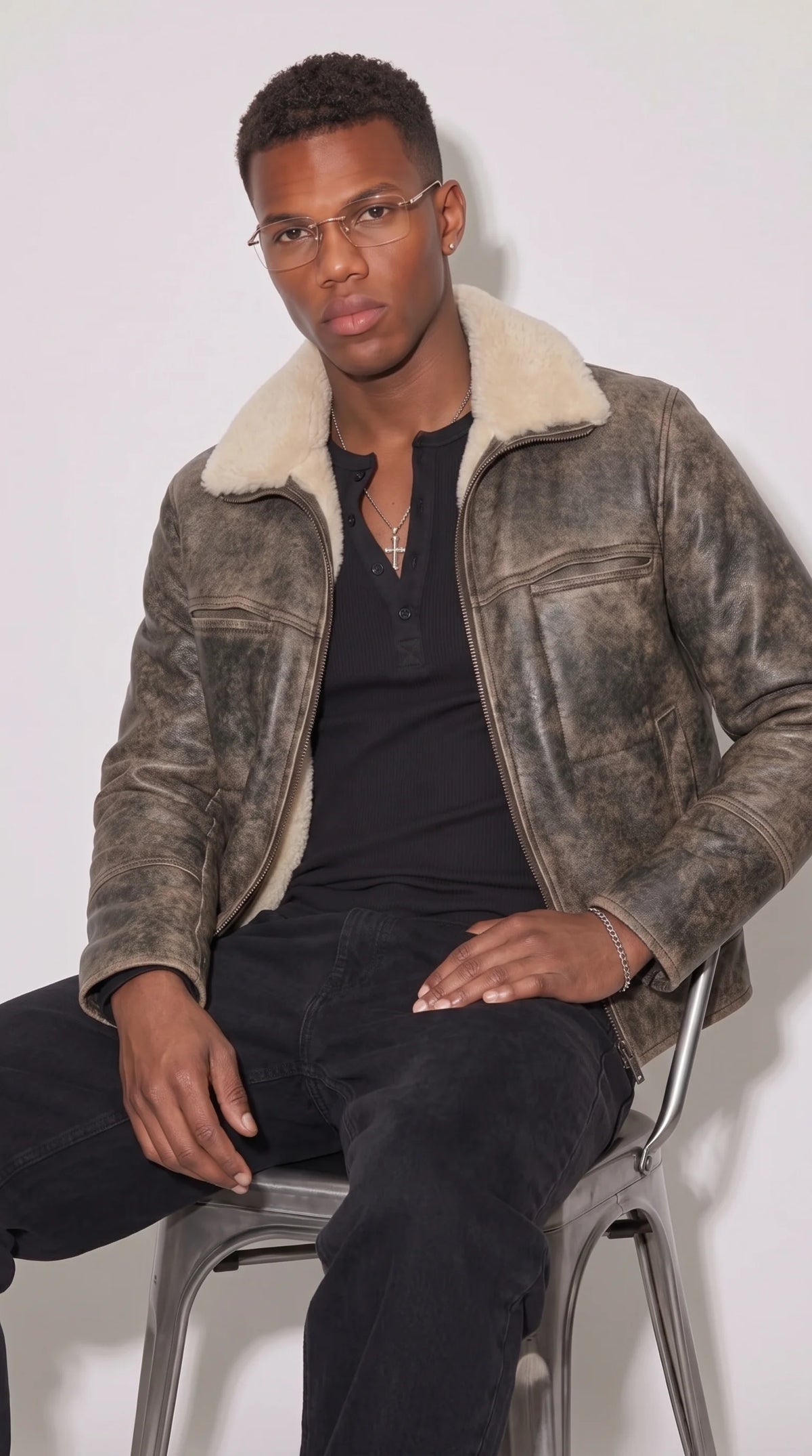 DARK GREY DISTRESSED LEATHER WITH WHITE SHEARLING JACKET