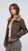 DARK KHAKI DENIM YK2 JACKET WITH FUR COLLAR