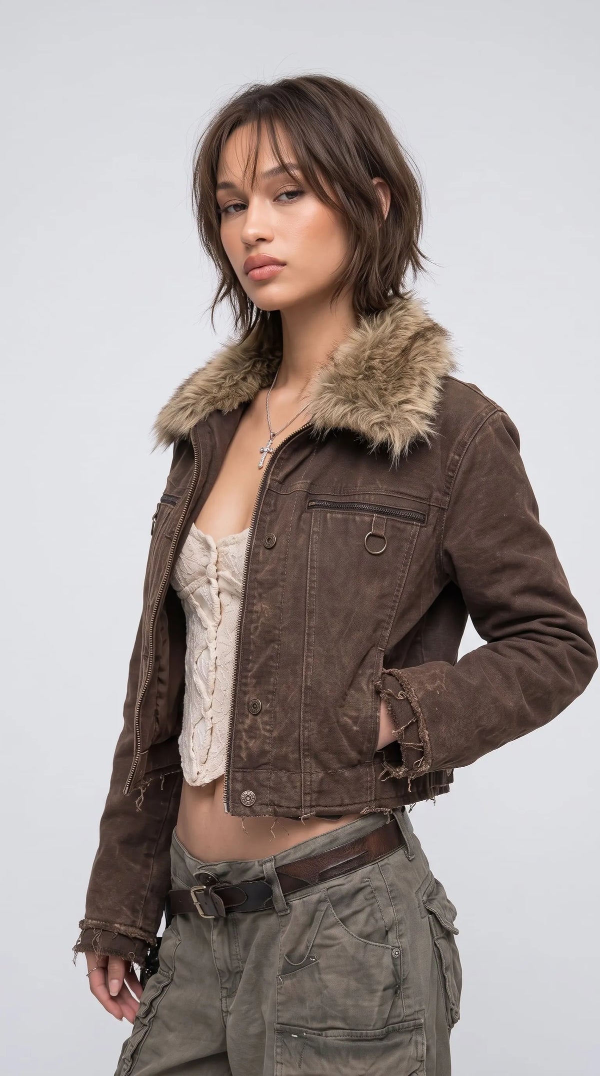DARK KHAKI DENIM YK2 JACKET WITH FUR COLLAR
