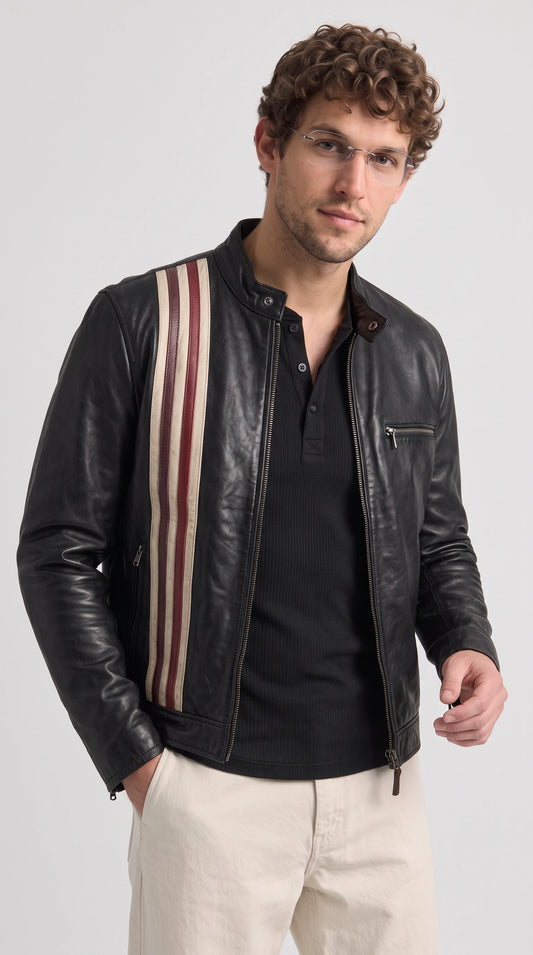DARK BLACK STRIPED LEATHER JACKET