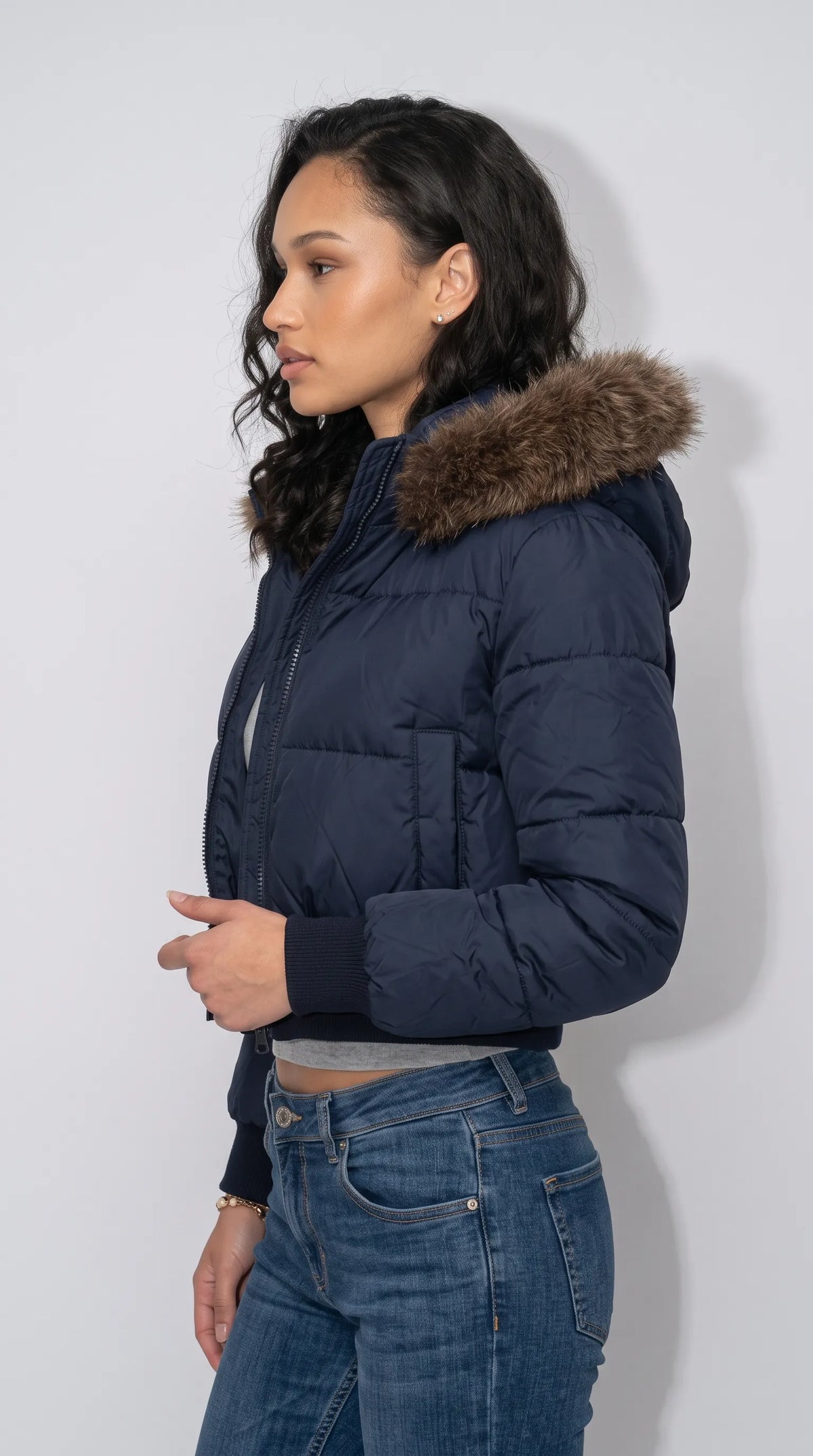 DARK NAVY PUFFER HIGH-WAIST CROPPED JACKET WITH FUR HOOD