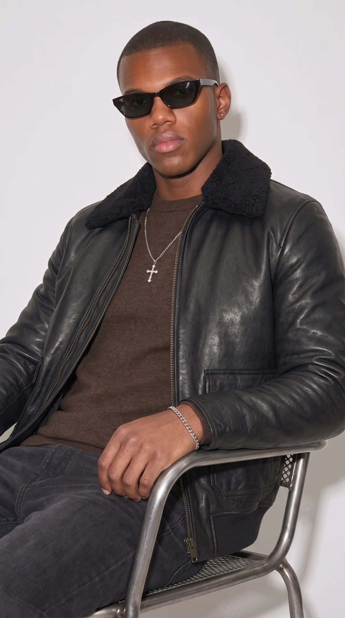 BLACK LEATHER BOMBER JACKET WITH BLACK SHEARLING