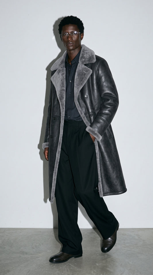 BLACK LONG LEATHER COAT WITH GREY FAUX SHEARLING