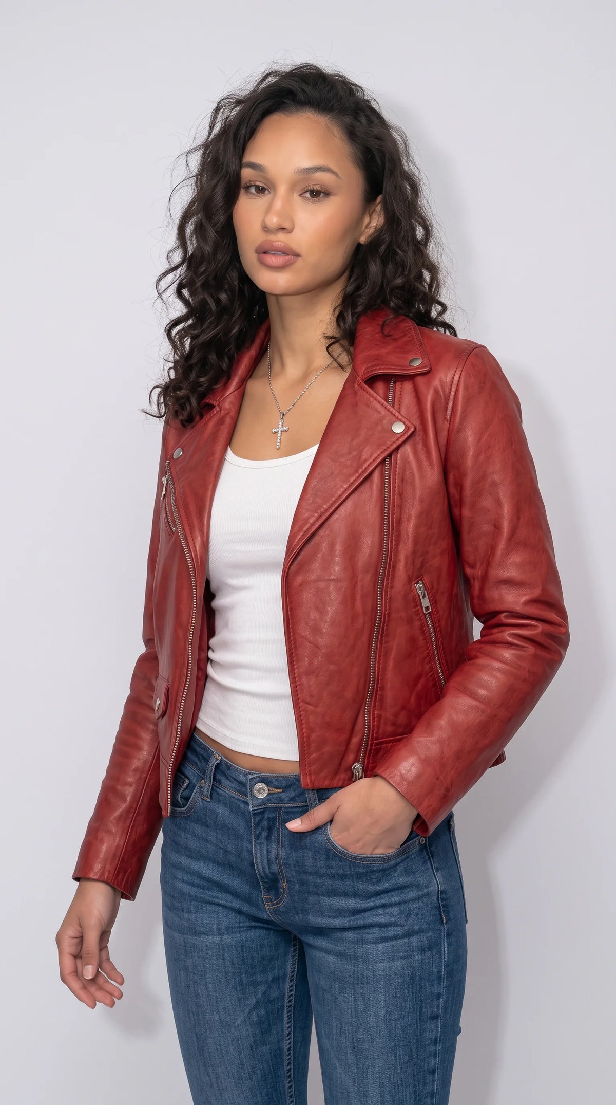 RED LEATHER BIKER JACKET
