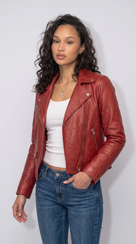RED LEATHER BIKER JACKET