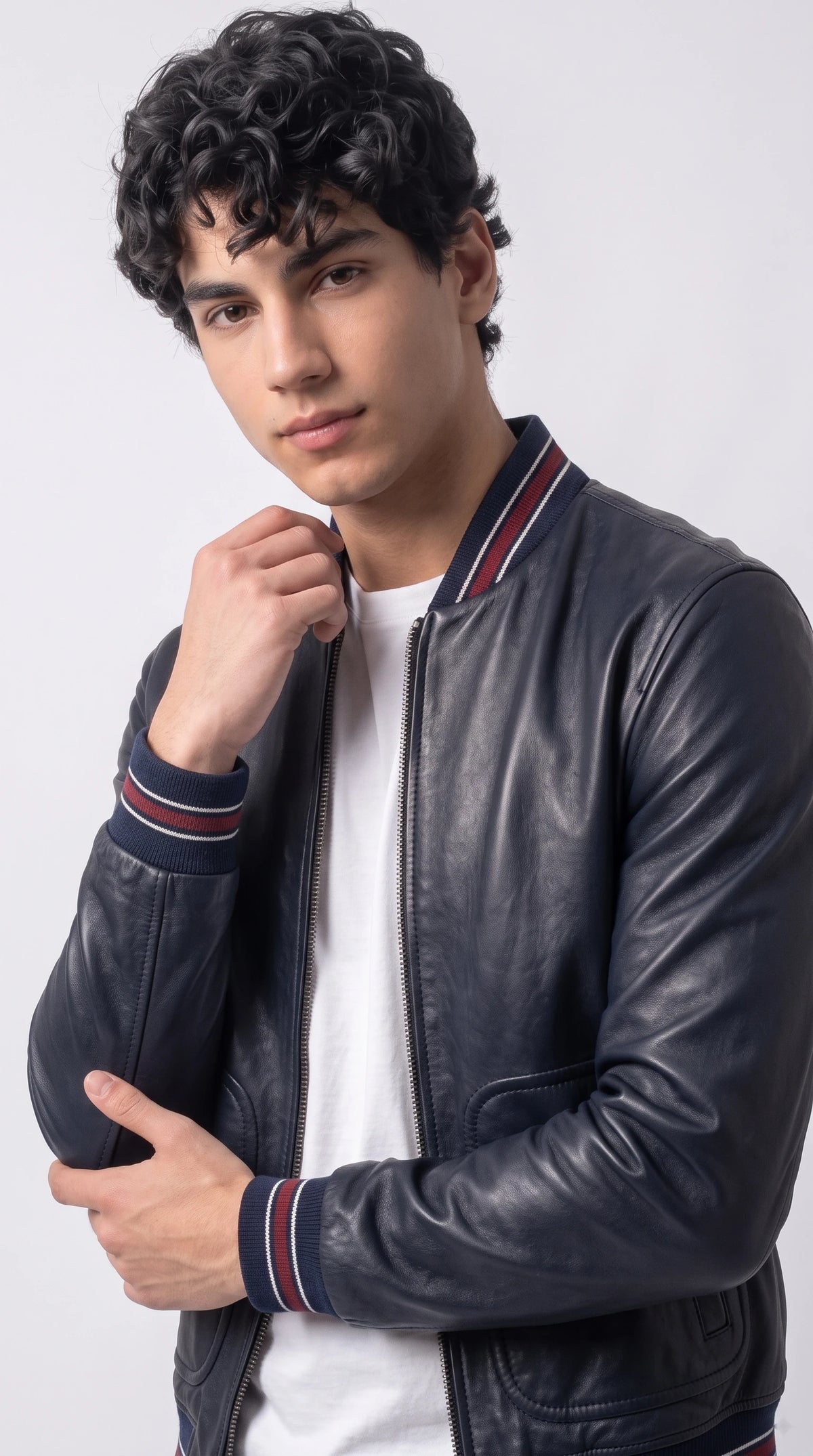DARK BLUE LEATHER BOMBER JACKET