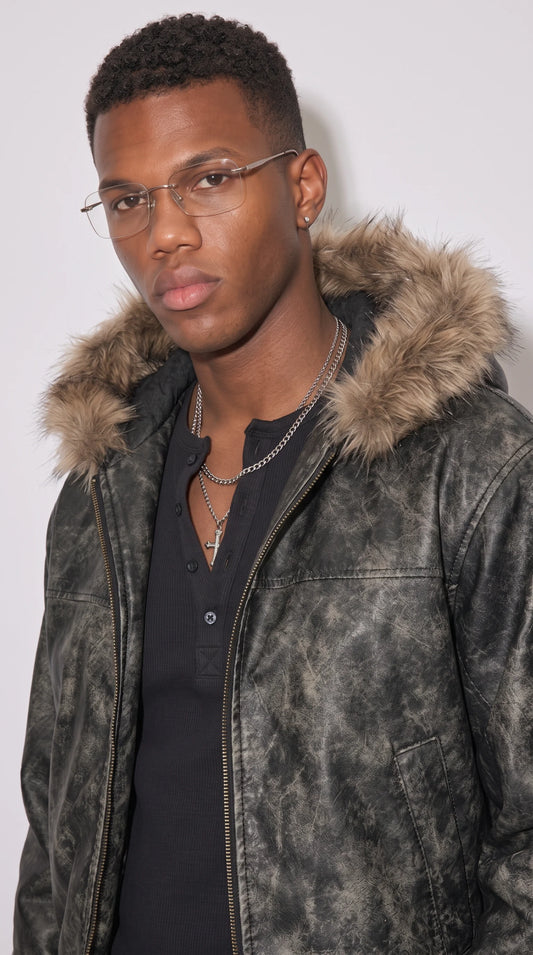 BLACK DISTRESSED LEATHER YK2 JACKET WITH FUR HOOD